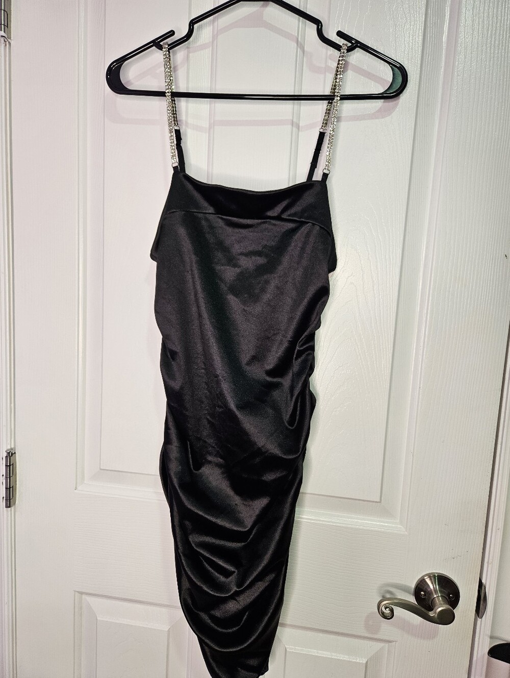 Ruched Satin Dress With Rhinestone Straps, Large